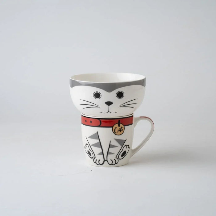 BTS 2-Piece Meow Breakfast Set - Stylish Black & White New Bone China Mug (345ml) & Bowl (480ml) - Ideal for Coffee, Tea, and Breakfast