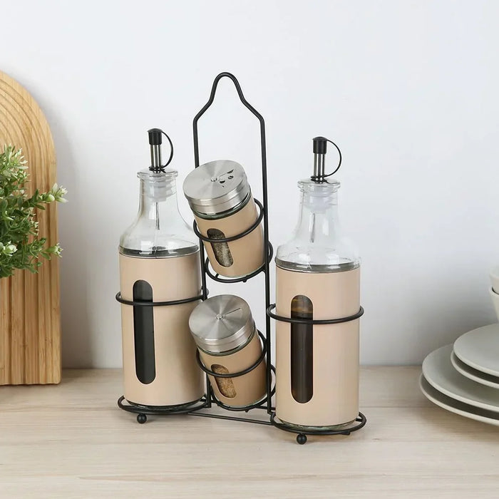 Chef's Delight 4-Piece Condiment Jar Set with Stand - Stylish Spice Rack for Kitchen Organization - Glass Storage Jars (2x400ml, 2x90ml)