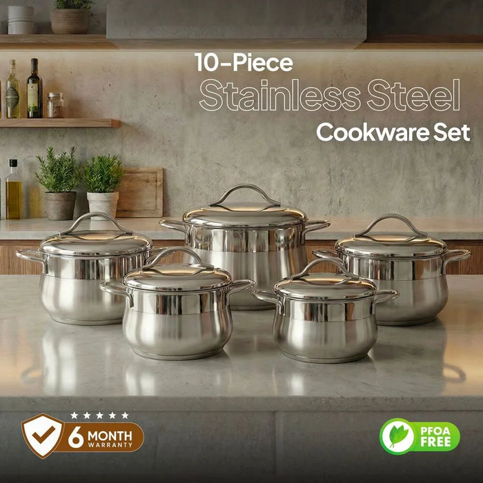 BONERA Venus Mega 10-Piece Stainless Steel Cookware Set - Durable Pots & Pans for Induction Cooking, Premium Kitchen Cookware, Elegant Kitchen Essentials