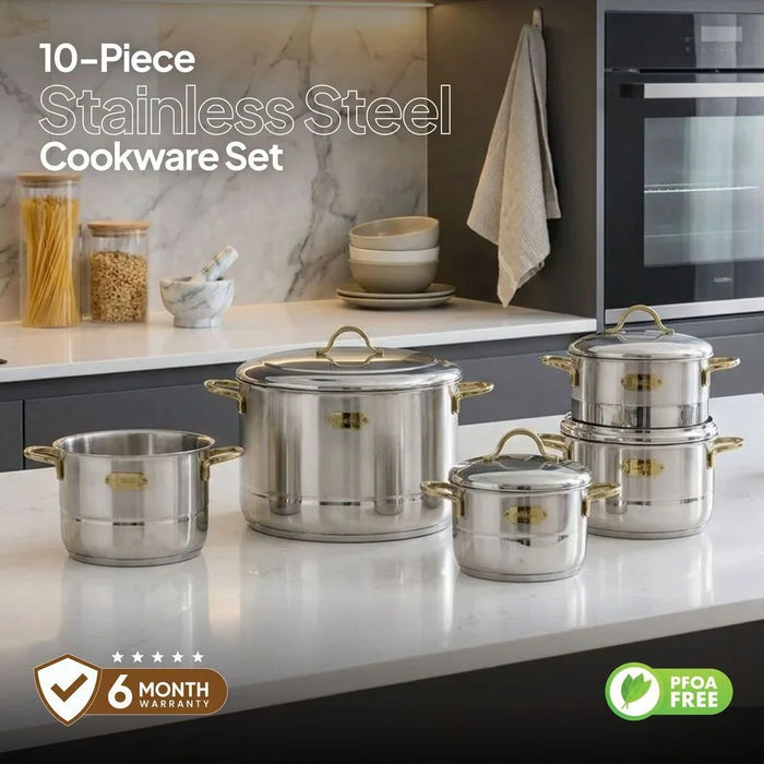 Bonera Nirvana Mega 10-Piece Stainless Steel Cookware Set - Durable Pots & Pans, Induction Compatible, Premium Kitchen Cookware for Modern Cooking