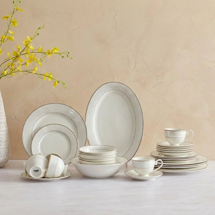 Danube Home Motif 32-Piece New Bone China Dinner Set - Serves 6 | Elegant Tableware, Premium Dinnerware, Modern Dining Set | Ideal for Entertaining & Everyday Use