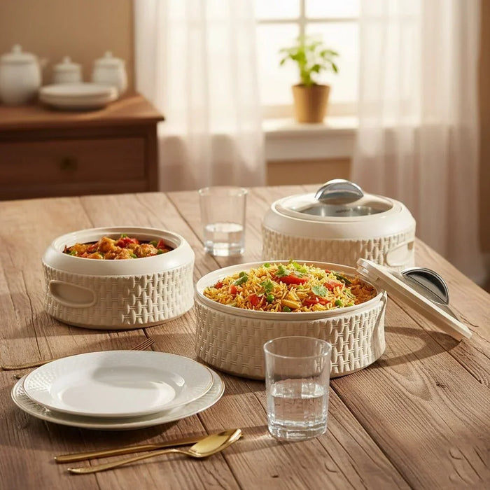 Baskerole Klass 3-Piece Casserole Set - Insulated Hot Pot for Serving, 1000ml, 1500ml, 2000ml - Stylish Kitchen Serveware with Durable ABS & Stainless Steel