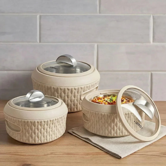 Baskerole Klass 3-Piece Casserole Set - Insulated Hot Pot for Serving, 1000ml, 1500ml, 2000ml - Stylish Kitchen Serveware with Durable ABS & Stainless Steel