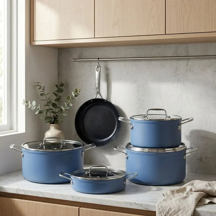 Chef's Delight Crystal 9-Piece Blue Cookware Set, Forged Aluminium Pots Frypan Lids And Shallow Pot For Home Cooking