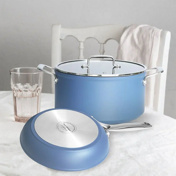 Chef's Delight Crystal 9-Piece Blue Cookware Set, Forged Aluminium Pots Frypan Lids And Shallow Pot For Home Cooking