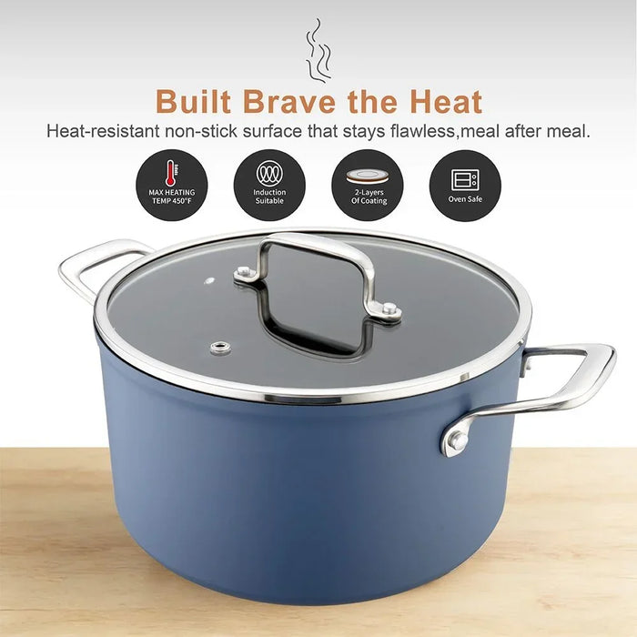 Chef's Delight Crystal 9-Piece Blue Cookware Set, Forged Aluminium Pots Frypan Lids And Shallow Pot For Home Cooking
