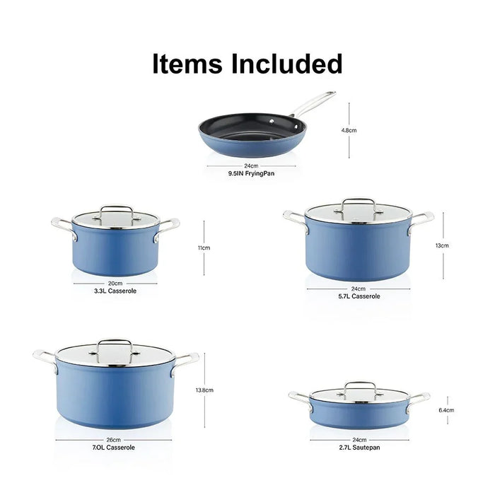 Chef's Delight Crystal 9-Piece Blue Cookware Set, Forged Aluminium Pots Frypan Lids And Shallow Pot For Home Cooking