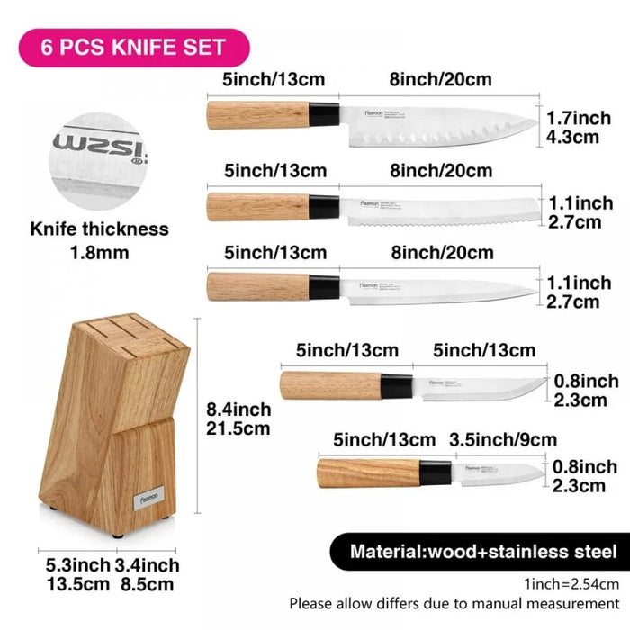Fissman 6-Piece Kitchen Knife Set with Wooden Block, Stainless Steel Pascual Series