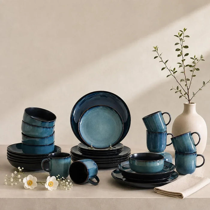 Bahri 30-Piece Stoneware Dinner Set - Blue - Serves 6