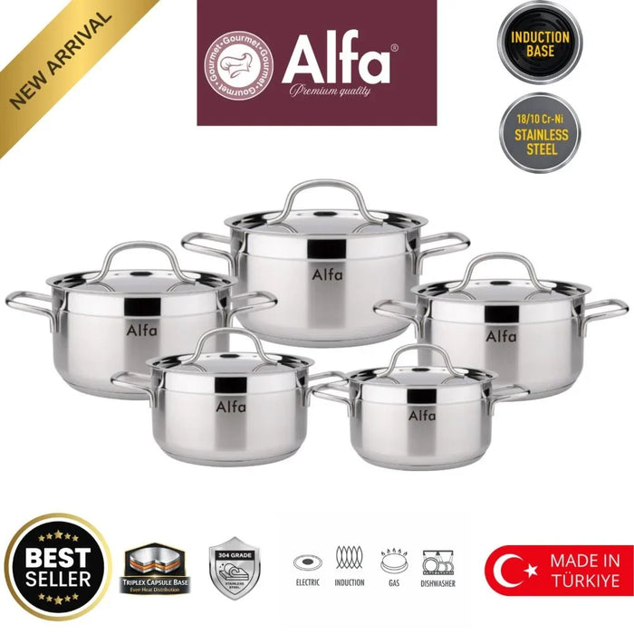 Alfa 10 Piece Stainless Steel Cookware Set, Multi Colour, Stainless Steel with Stainless Steel 18/10, Cookware Set For Meal Preparation, With 6 Months Warranty
