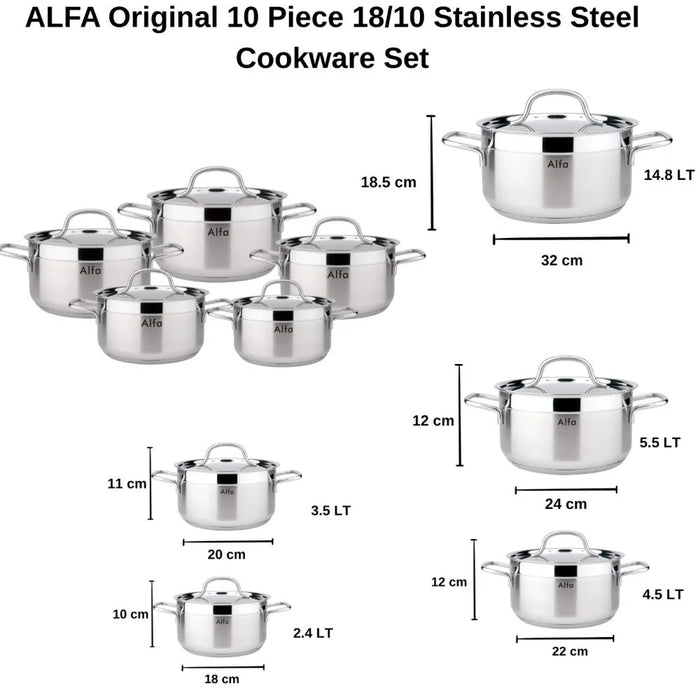 Alfa 10 Piece Stainless Steel Cookware Set, Multi Colour, Stainless Steel with Stainless Steel 18/10, Cookware Set For Meal Preparation, With 6 Months Warranty