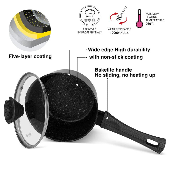 Fissman Angela 16x8cm 1.39L Non-Stick Aluminium Saucepan With Glass Lid, Black Cooking Pot For Sauces And Small Meals