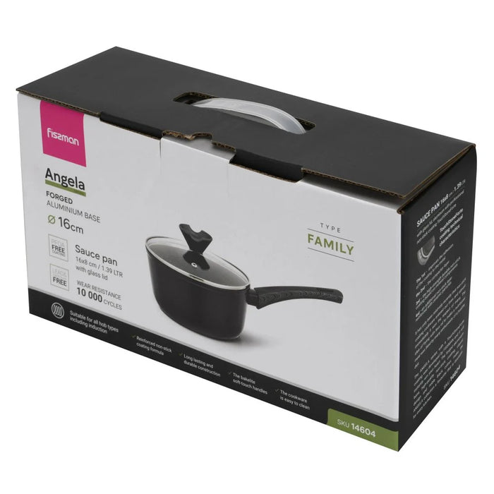 Fissman Angela 16x8cm 1.39L Non-Stick Aluminium Saucepan With Glass Lid, Black Cooking Pot For Sauces And Small Meals