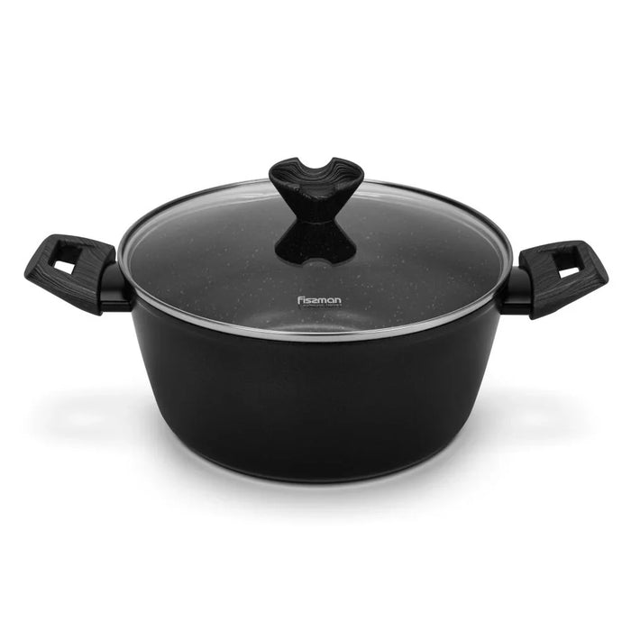 Fissman Angela 20x9.5cm 2.5L Non-Stick Aluminium Stockpot With Glass Lid, Black Cooking Pot For Soups And Rice