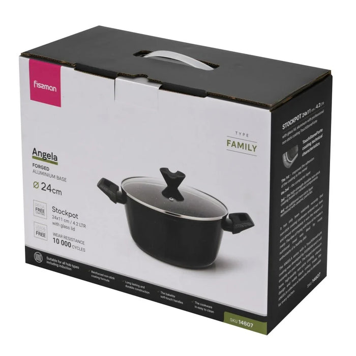 Fissman Angela 20x9.5cm 2.5L Non-Stick Aluminium Stockpot With Glass Lid, Black Cooking Pot For Soups And Rice