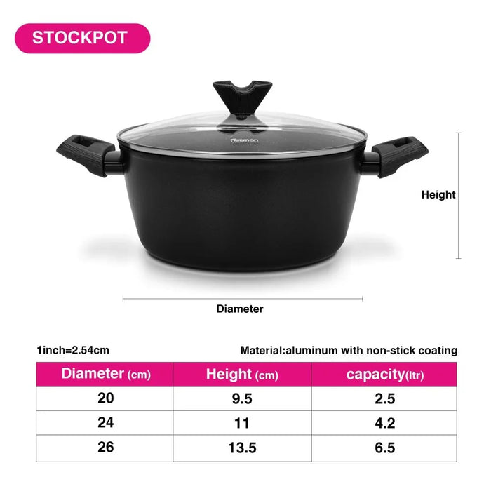 Fissman Angela 24x11cm 4.2L Non-Stick Aluminium Stockpot With Glass Lid, Black Cooking Pot For Family Recipes