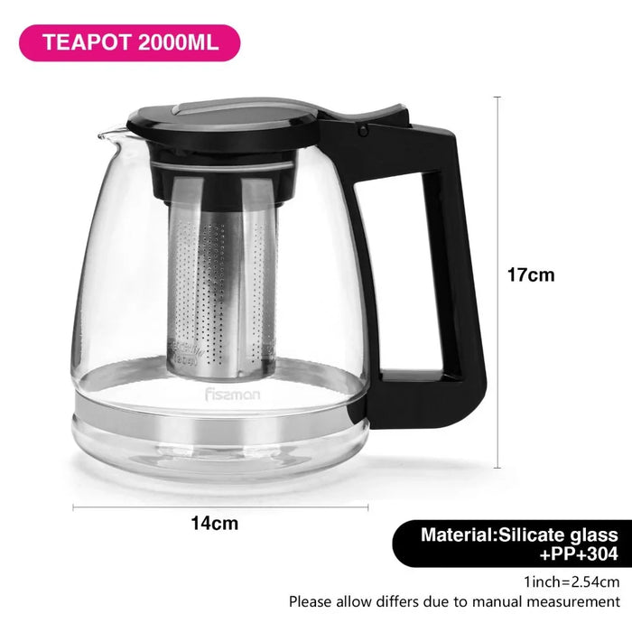 Fissman 2000ml Glass Teapot With Steel Filter, Large Clear Teapot For Loose Tea And Table Serving At Home
