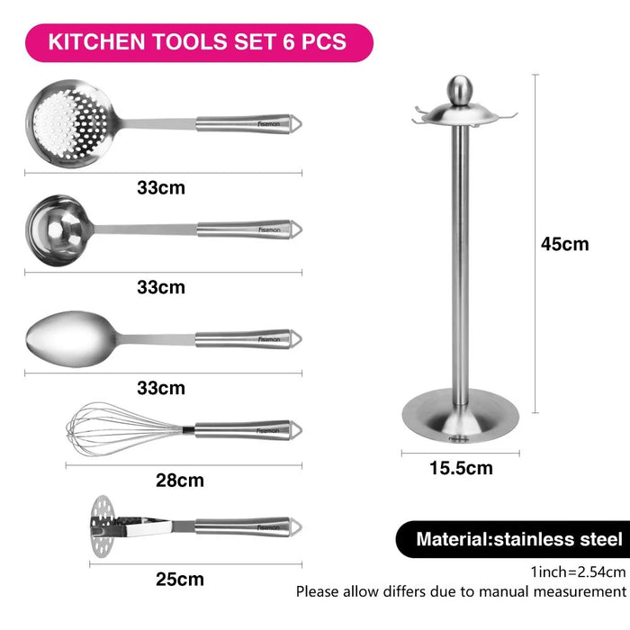 Fissman Bergamo 6-Piece Stainless Steel Kitchen Tools Set, Silver Cooking Utensils For Daily Food Prep