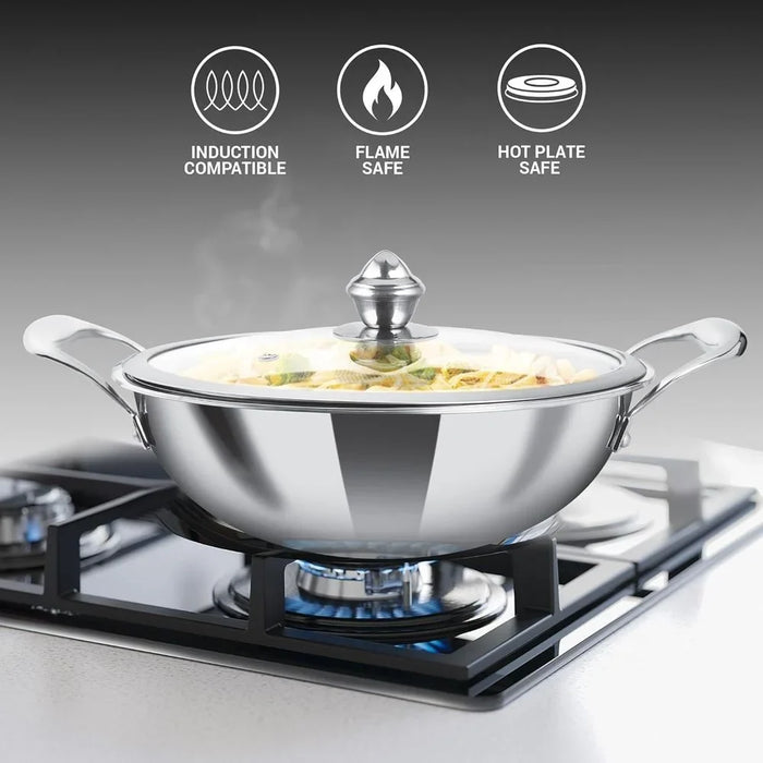 Stainless Steel Kadhai With Glass Lid - 26CM