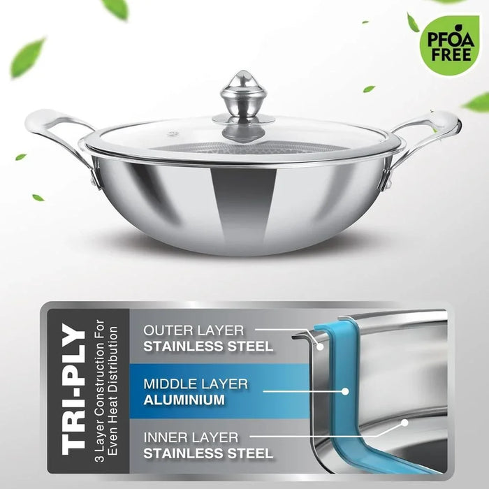 Stainless Steel Kadhai With Glass Lid - 26CM