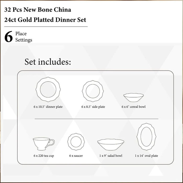 32-Piece Dinner Set - White with Gold Border for Dining