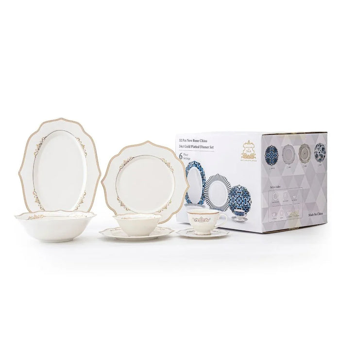 32-Piece Dinner Set - White with Gold Border for Dining