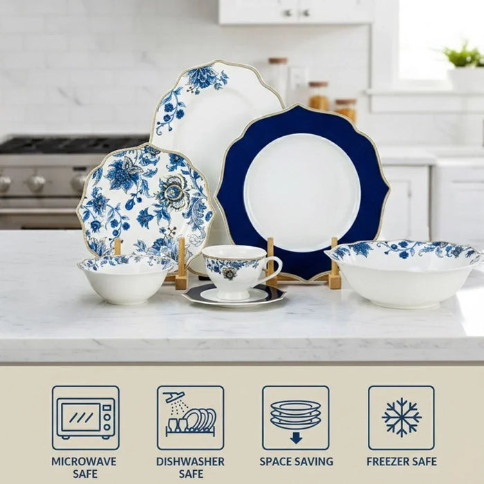 32-Piece Dinner Set - White with Blue Floral Pattern for 6