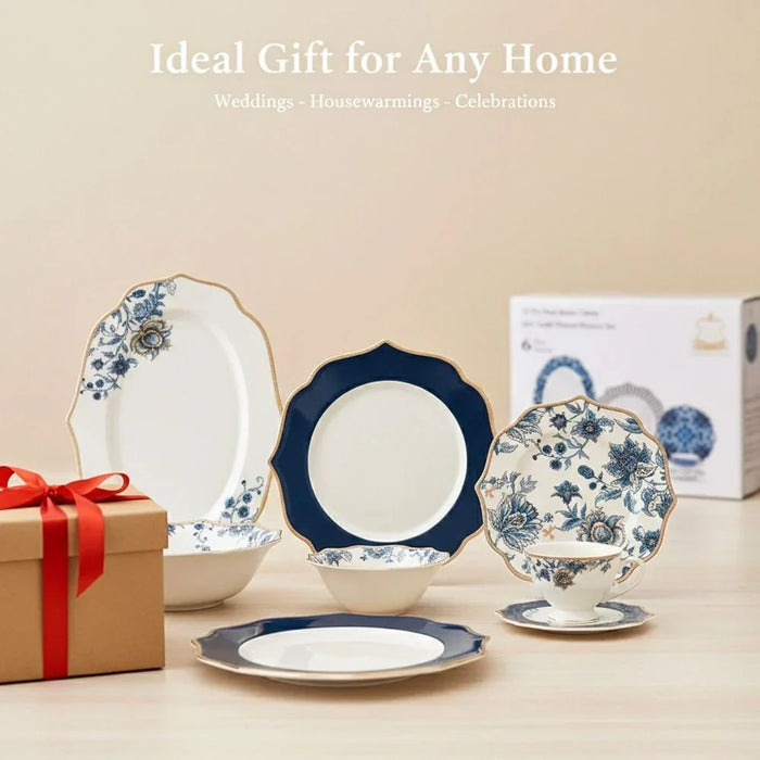 32-Piece Dinner Set - White with Blue Floral Pattern for 6
