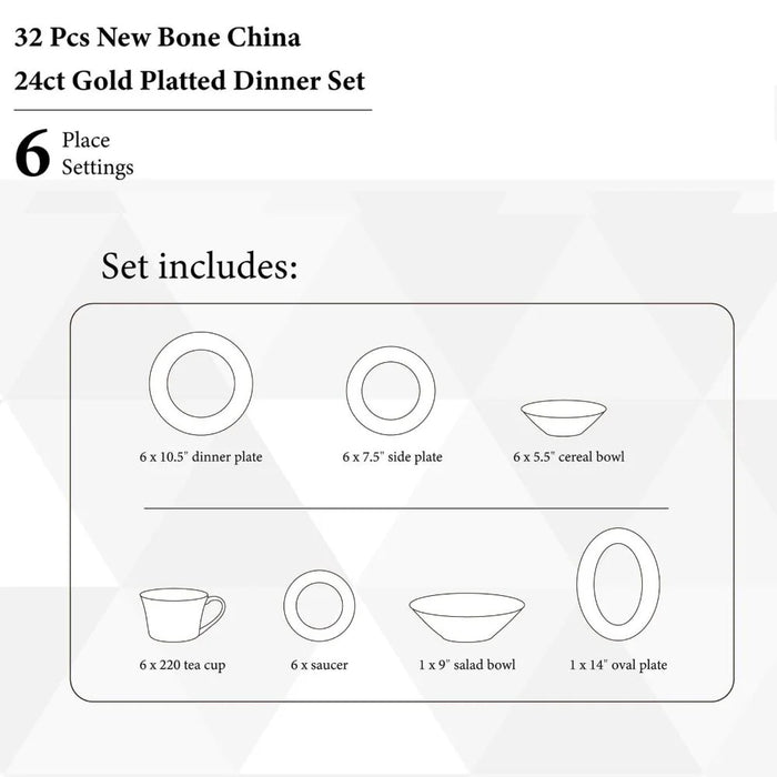32-Piece Dinner Set - White with Gold Rim for 6
