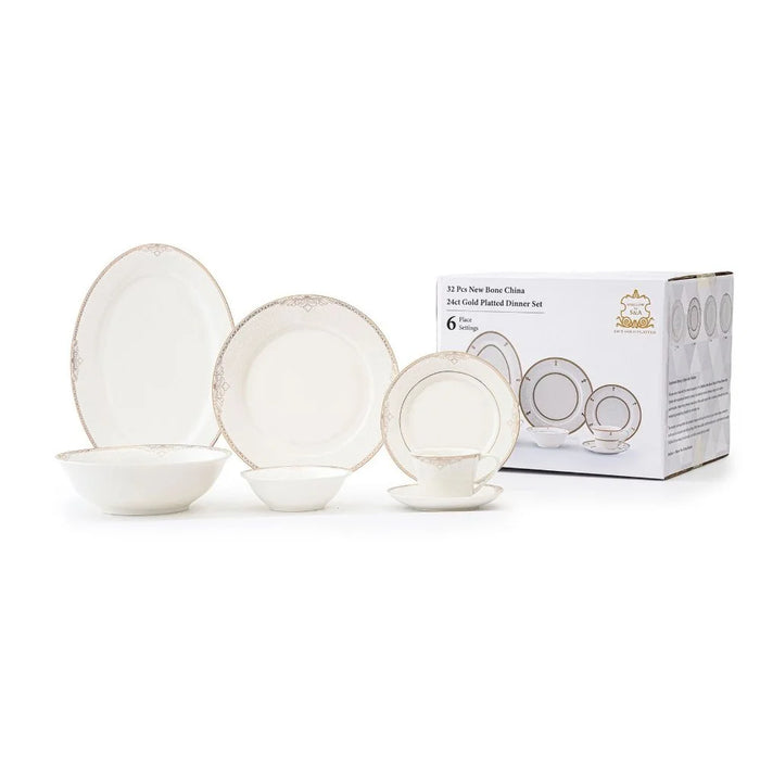 32-Piece Dinner Set - White with Gold Rim for 6