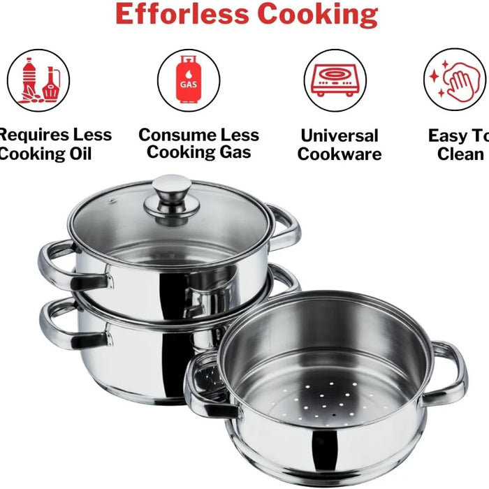 Stainless Steel 3-Tier Steamer with Glass Lid
