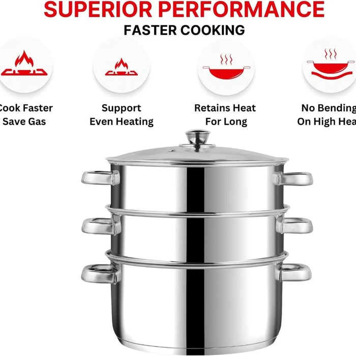 Stainless Steel 3-Tier Steamer with Glass Lid