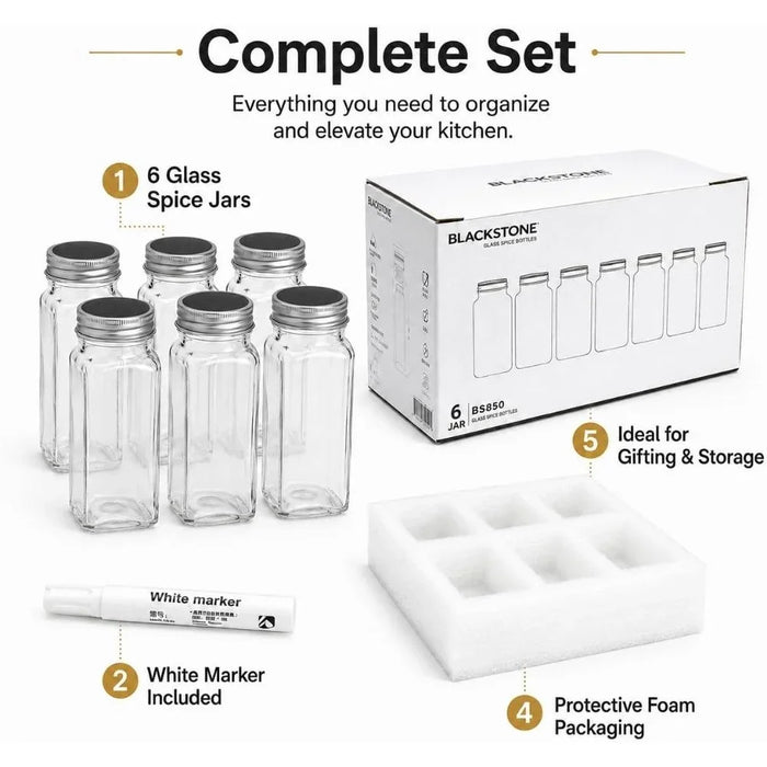 Glass Spice Jars Set of 6 for Kitchen