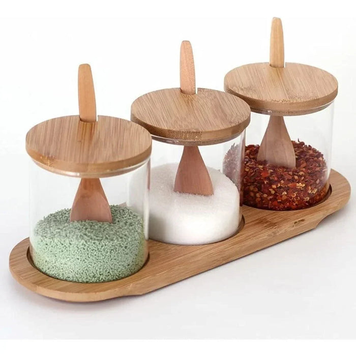 Glass Jars Set with Bamboo Tray and Scoop for Spices