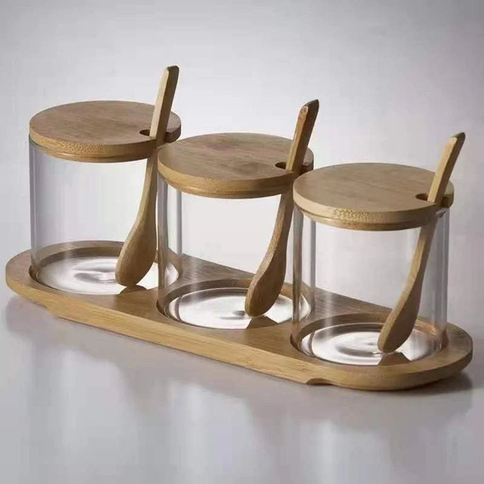 Glass Jars Set with Bamboo Tray and Scoop for Spices