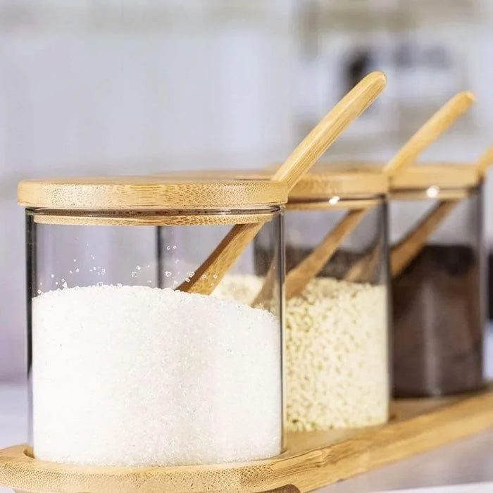Glass Jars Set with Bamboo Tray and Scoop for Spices