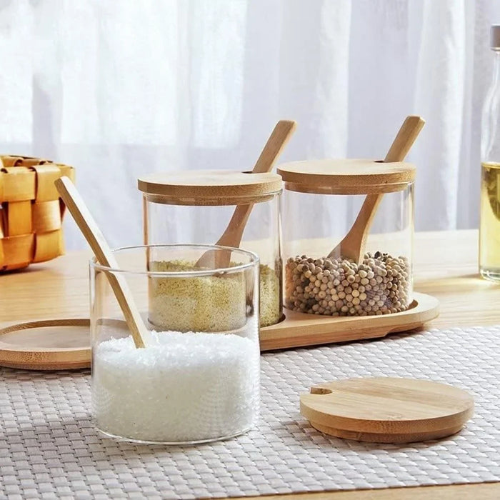 Glass Jars Set with Bamboo Tray and Scoop for Spices