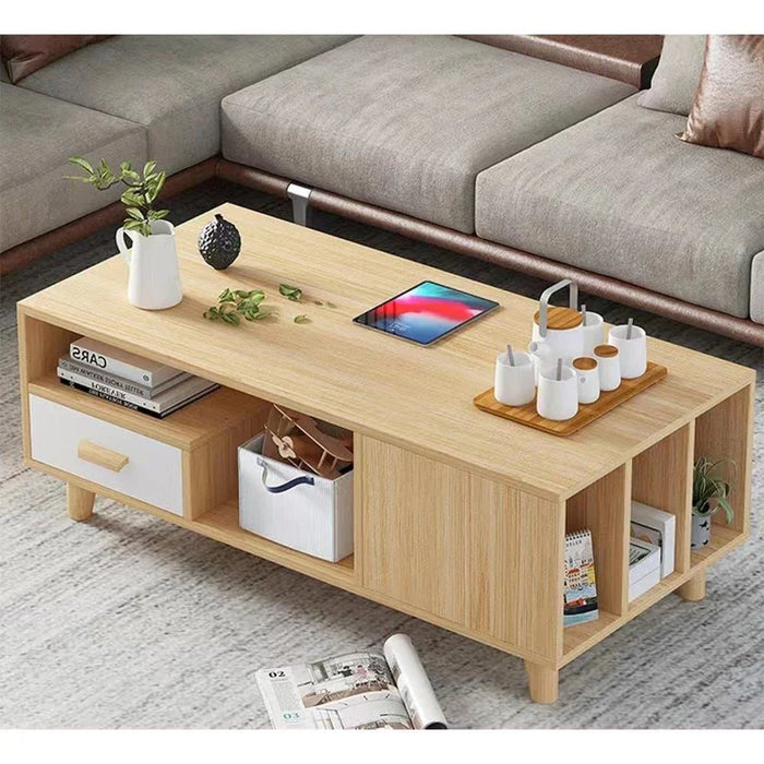 Renzo Coffee Table 2-Tier with Drawer Multifunctional Center Table Rectangular Modern Furniture For Living Room Natural Oak 50x100x40 cm