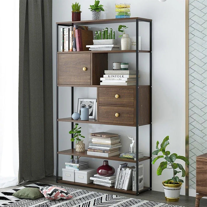 Vincenzo Bookcase 5Tier Book Shelf Cabinet with Drawers Modern Design Adjustable Wooden Book Organiser Cupboard Space Saving Display Storage Rack for Home Office Walnut/Black