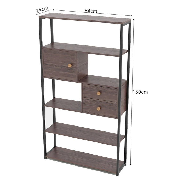 Vincenzo Bookcase 5Tier Book Shelf Cabinet with Drawers Modern Design Adjustable Wooden Book Organiser Cupboard Space Saving Display Storage Rack for Home Office Walnut/Black