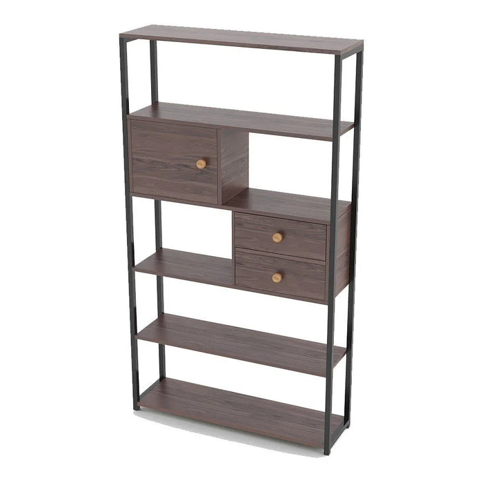 Vincenzo Bookcase 5Tier Book Shelf Cabinet with Drawers Modern Design Adjustable Wooden Book Organiser Cupboard Space Saving Display Storage Rack for Home Office Walnut/Black