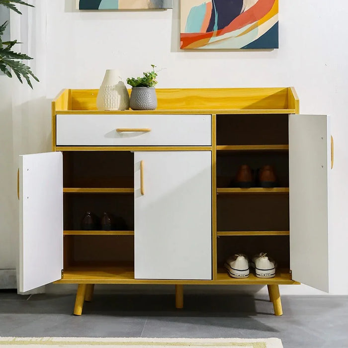 Manro 14 Pairs Wooden Shoe Cabinet Modern Design Furniture For Entryway Hallway Living Room White/Brown Engineered Wood 1 Drawer 7 Shelves 13 Pairs 90x40x84 cm