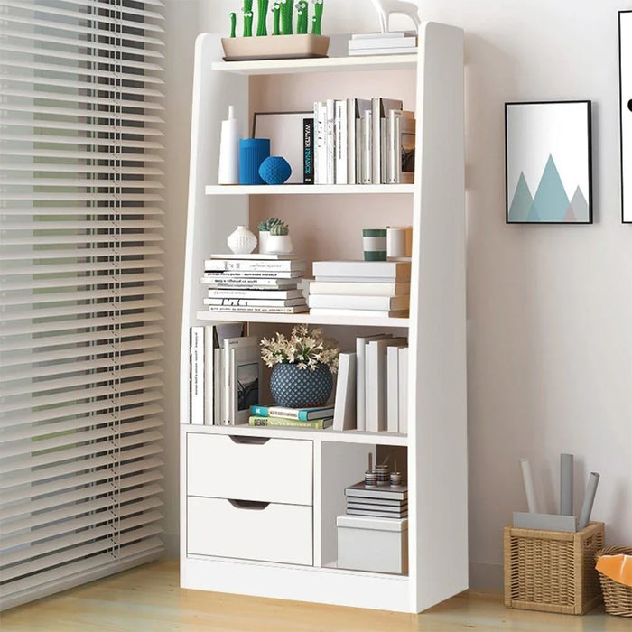 Salvatore Bookcase I 2-Tier Book Shelf Cabinet with Drawers I Modern Design Adjustable Wooden Book Organiser Cupboard I Space Saving Display Storage Rack for Home, Office - White