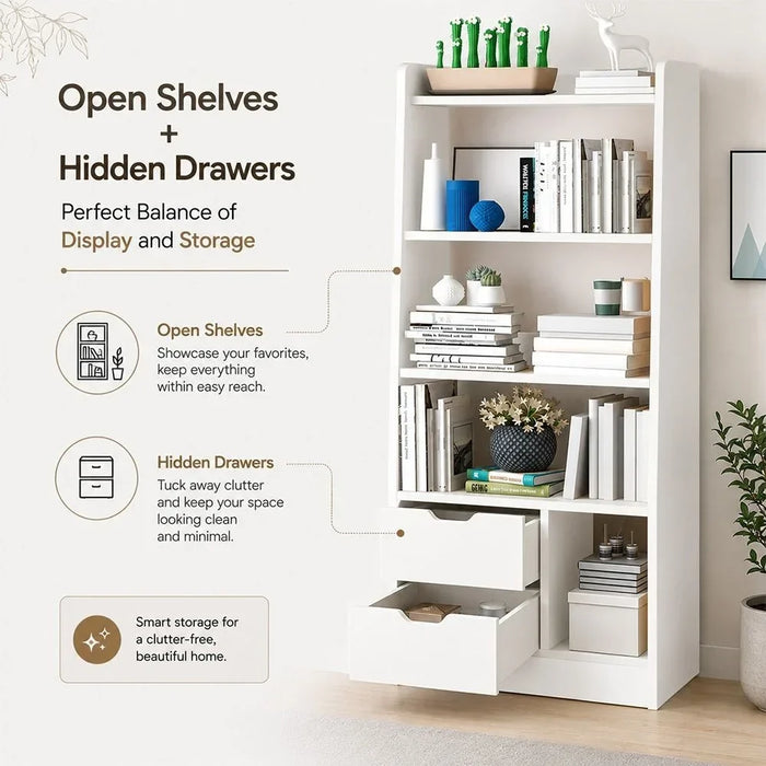 Salvatore Bookcase I 2-Tier Book Shelf Cabinet with Drawers I Modern Design Adjustable Wooden Book Organiser Cupboard I Space Saving Display Storage Rack for Home, Office - White