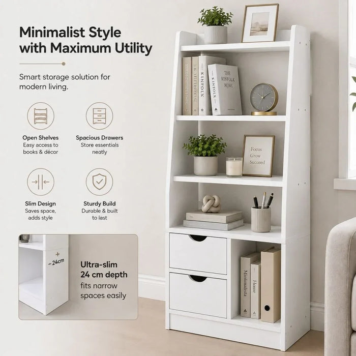 Salvatore Bookcase I 2-Tier Book Shelf Cabinet with Drawers I Modern Design Adjustable Wooden Book Organiser Cupboard I Space Saving Display Storage Rack for Home, Office - White