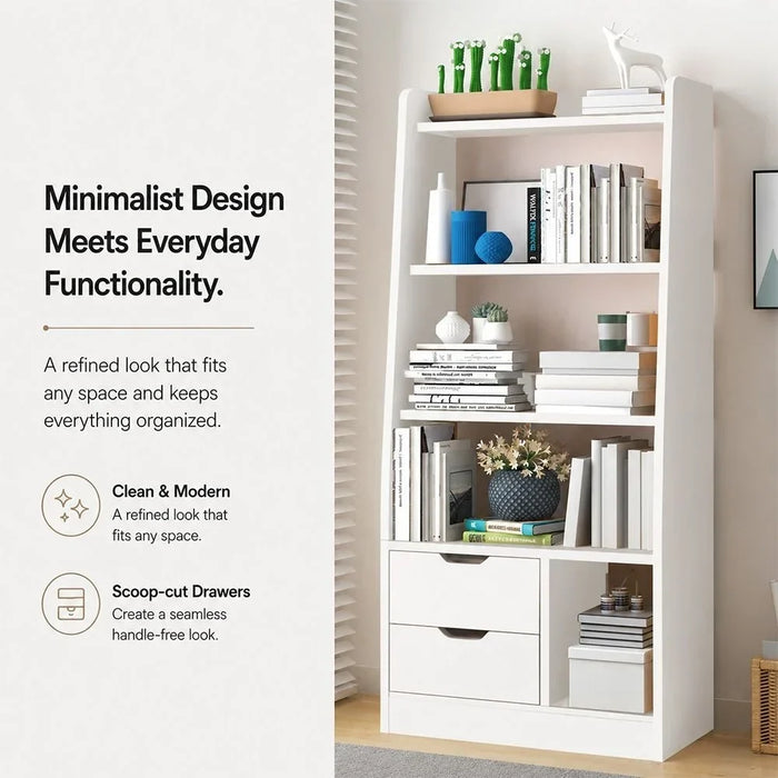 Salvatore Bookcase I 2-Tier Book Shelf Cabinet with Drawers I Modern Design Adjustable Wooden Book Organiser Cupboard I Space Saving Display Storage Rack for Home, Office - White