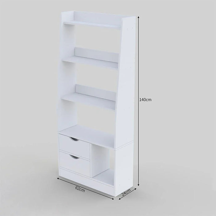 Salvatore Bookcase I 2-Tier Book Shelf Cabinet with Drawers I Modern Design Adjustable Wooden Book Organiser Cupboard I Space Saving Display Storage Rack for Home, Office - White