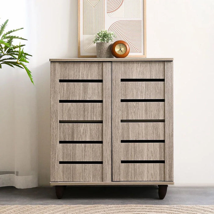 Ricky 14-Pair Shoe Cabinet | 2-Door Wooden Shoe Organiser | 4-Tier Shoe Rack | Modern Design Furniture for Entryway, Hallway, Living Room | Made in Malaysia (L75xW32xH86 cm) - Grey Oak