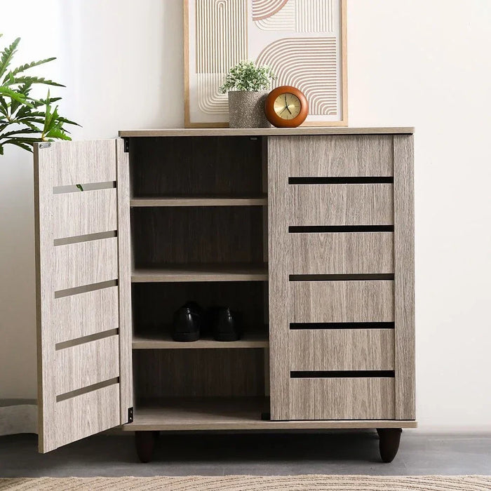 Ricky 14-Pair Shoe Cabinet | 2-Door Wooden Shoe Organiser | 4-Tier Shoe Rack | Modern Design Furniture for Entryway, Hallway, Living Room | Made in Malaysia (L75xW32xH86 cm) - Grey Oak