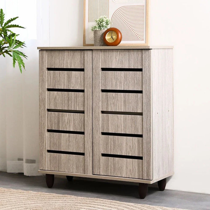 Ricky 14-Pair Shoe Cabinet | 2-Door Wooden Shoe Organiser | 4-Tier Shoe Rack | Modern Design Furniture for Entryway, Hallway, Living Room | Made in Malaysia (L75xW32xH86 cm) - Grey Oak